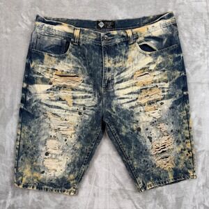 Road Narrows Mens Distressed Acid Wash Splatter Denim Shorts Blue Size 40